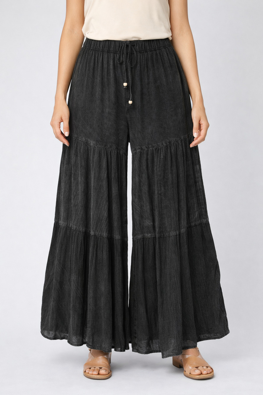 Mineral Wash Tiered Wide-Leg Palazzo Boho Pants